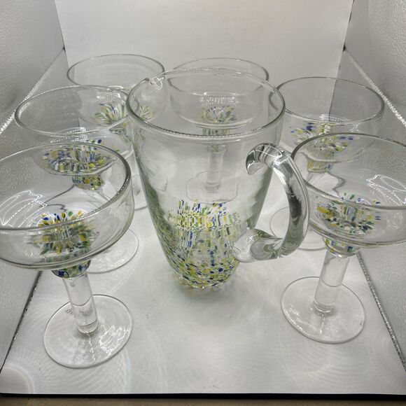 Unique Vtg Margarita Set Hand blown With Swirl 6 Lrg Glasses, 1 Lrg Pitcher - Picture 12 of 16